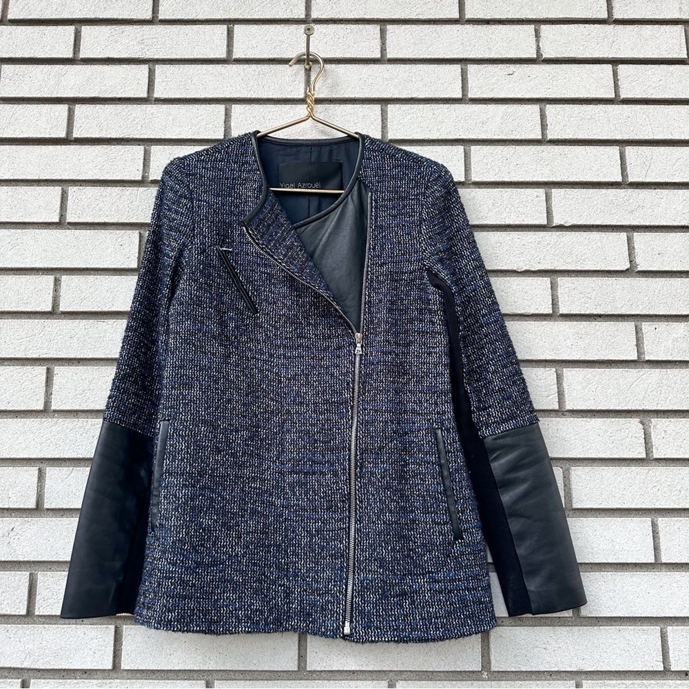 Yigal Azrouël Wool Tweed Moto Jacket Lambskin Leather Asymmetrical Zip Blazer